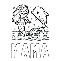 Online izdelana pobarvanka - Pobarvanka imena MAMA in pobarvanka ljubke morske deklice, ki pleše z delfinom