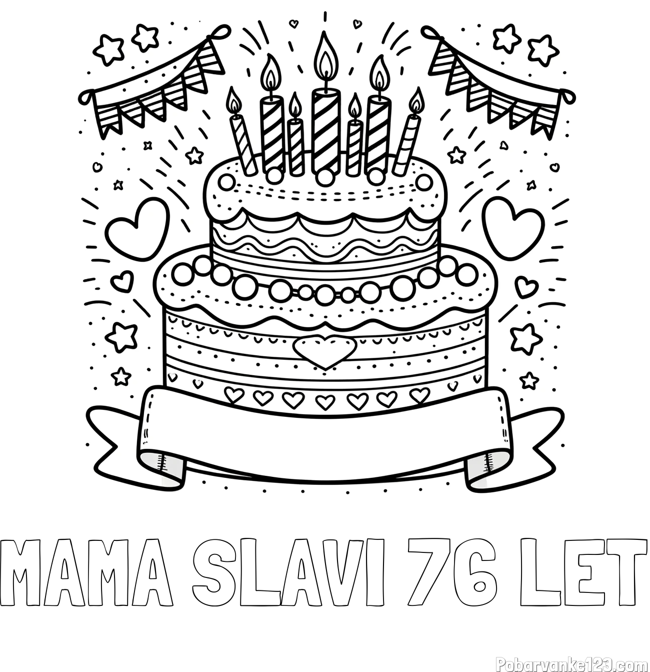 Pobarvanka imena MAMA SLAVI 76 LET in pobarvanka velike torte za rojstni dan