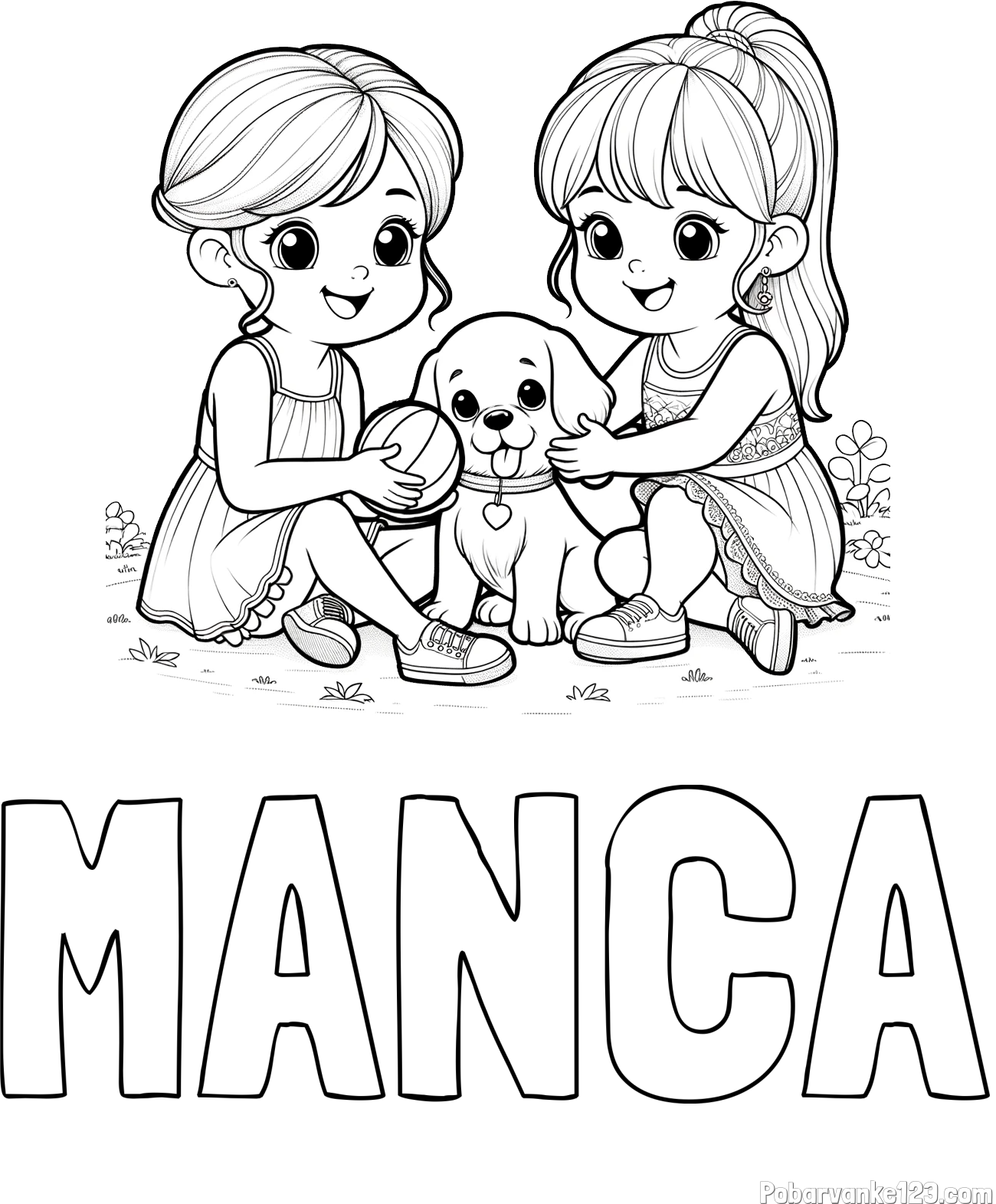 Pobarvanka imena MANCA in pobarvanka prijateljic s kužkom