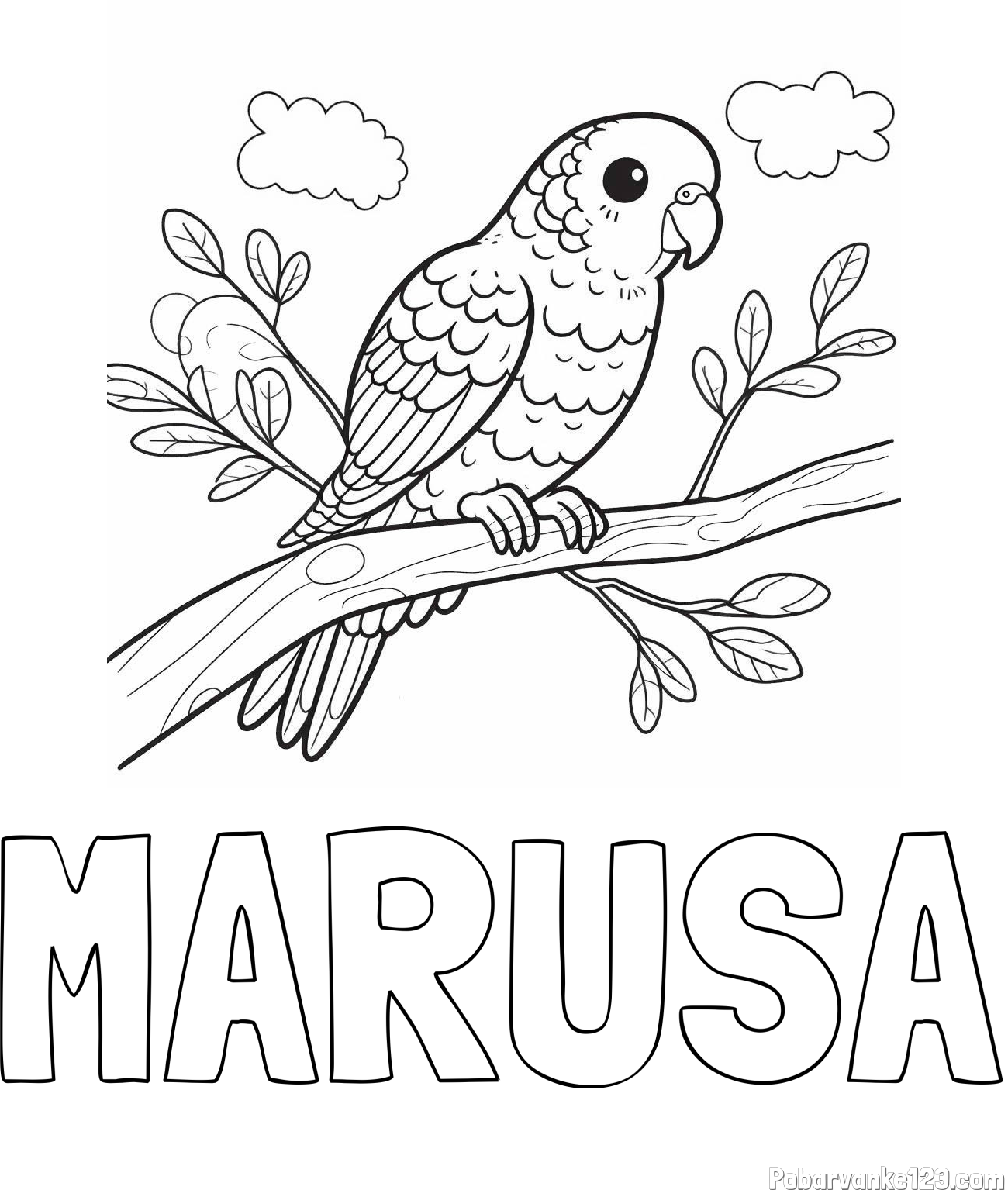 Pobarvanka imena MARUŠA in pobarvanka ljubkega kanarčka na veji