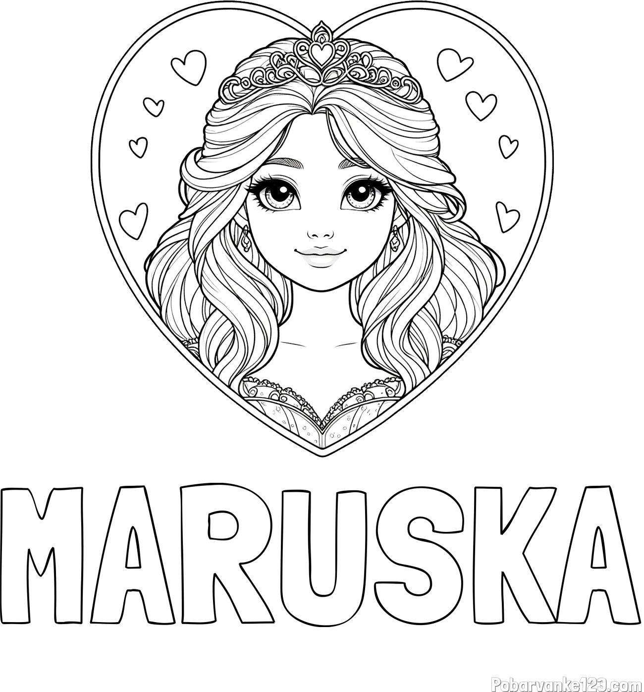 Pobarvanka imena MARUŠKA in pobarvanka princeske ter srčkov