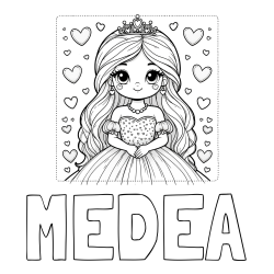 Online izdelana pobarvanka - Pobarvanka imena MEDEA in pobarvanka ljubke princese obdane s srčki
