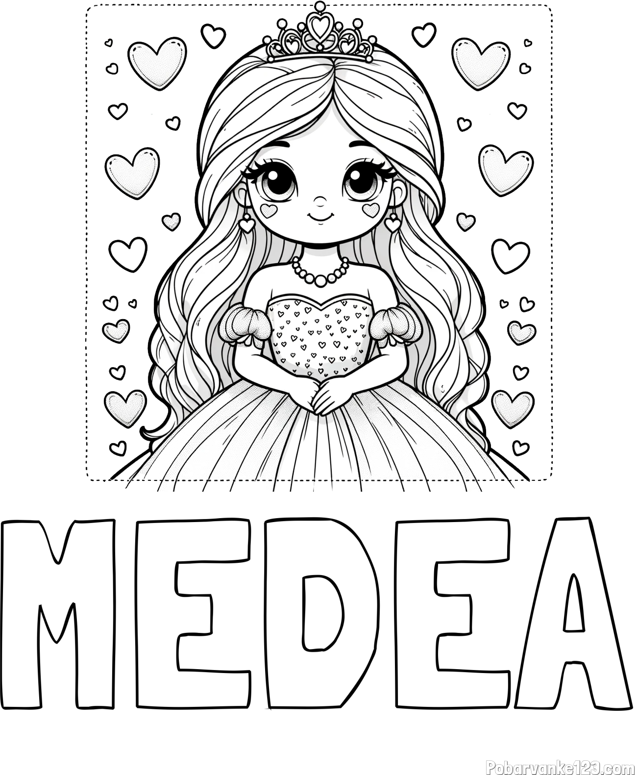 Pobarvanka imena MEDEA in pobarvanka ljubke princese obdane s srčki