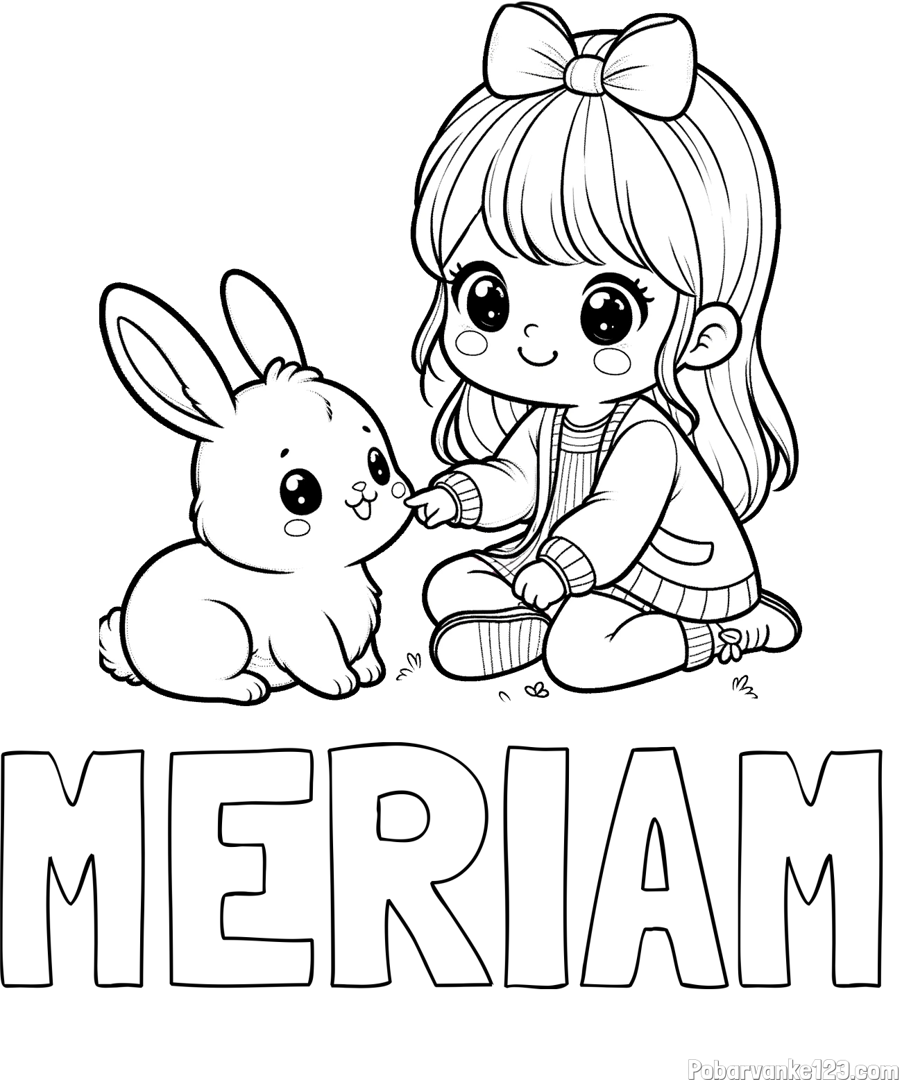 Pobarvanka imena MERIAM in pobarvanka ljubke punčke, ki se igra z zajčkom