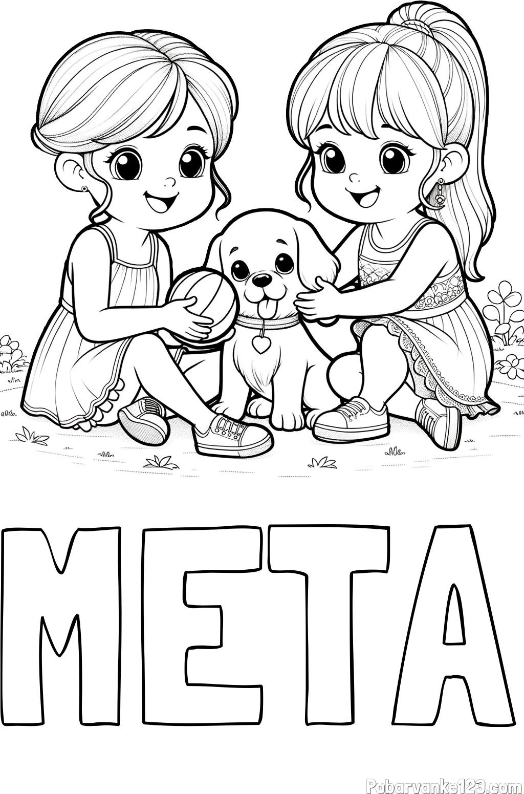 Pobarvanka imena META in pobarvanka prijateljic s kužkom