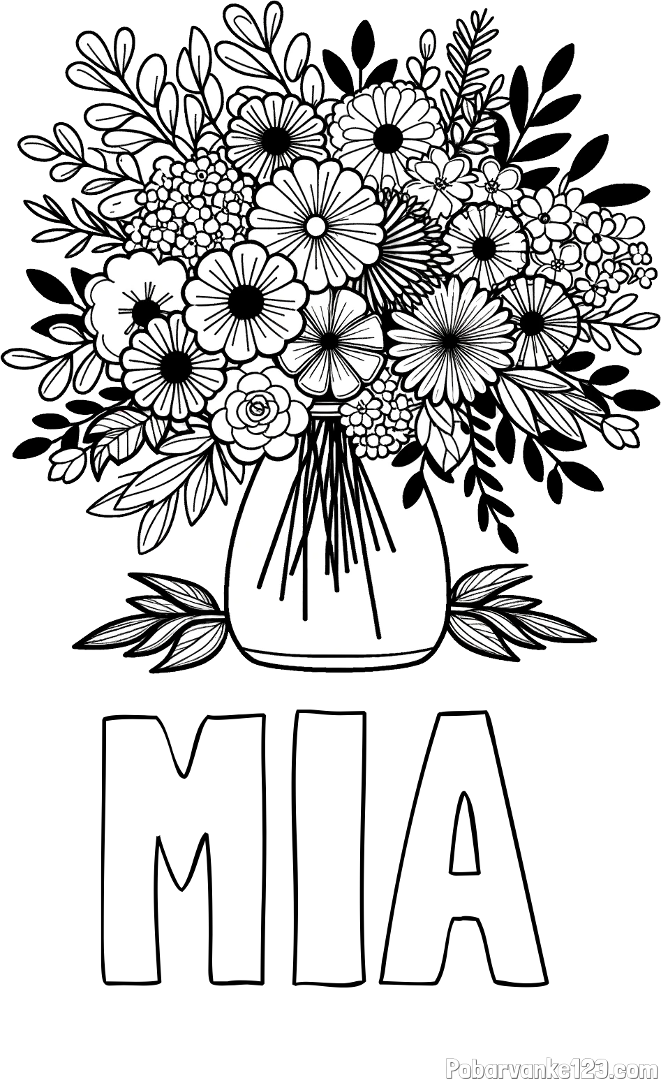 Pobarvanka imena MIA in pobarvanka veliekga šopka rož
