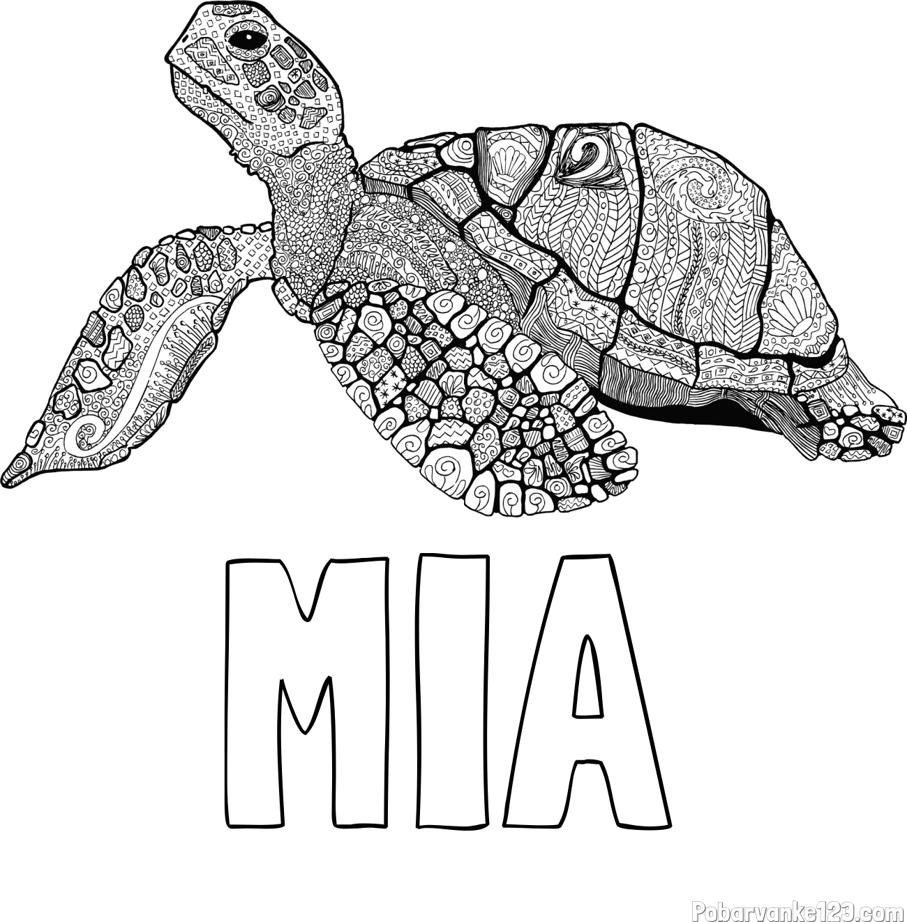 Pobarvanka imena MIA in pobarvanka velike želve - mandale