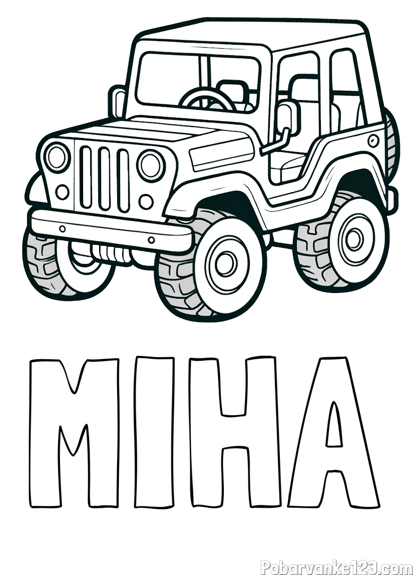 Pobarvanka imena MIHA in preprosta pobarvanka jeep-a