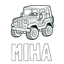 Online izdelana pobarvanka - Pobarvanka imena MIHA in preprosta pobarvanka jeep-a
