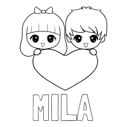 Online izdelana pobarvanka - Pobarvanka imena MILA in pobarvanka fantka in deklice, ki objemata srček