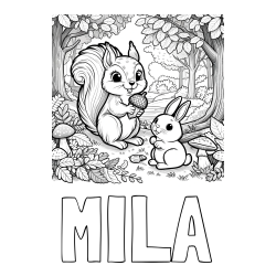 Online izdelana pobarvanka - Pobarvanka imena MILA in pobarvanka veveričke in zajčka v gozdu