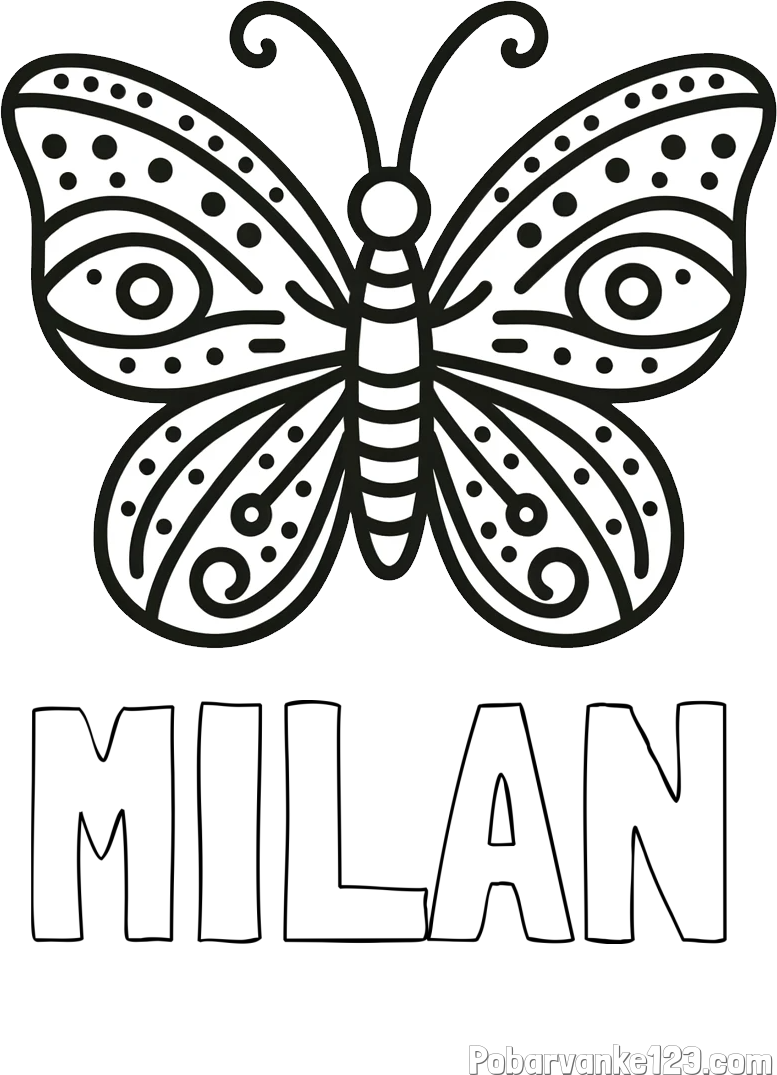 Pobarvanka imena MILAN in preprosta pobarvanka metulja