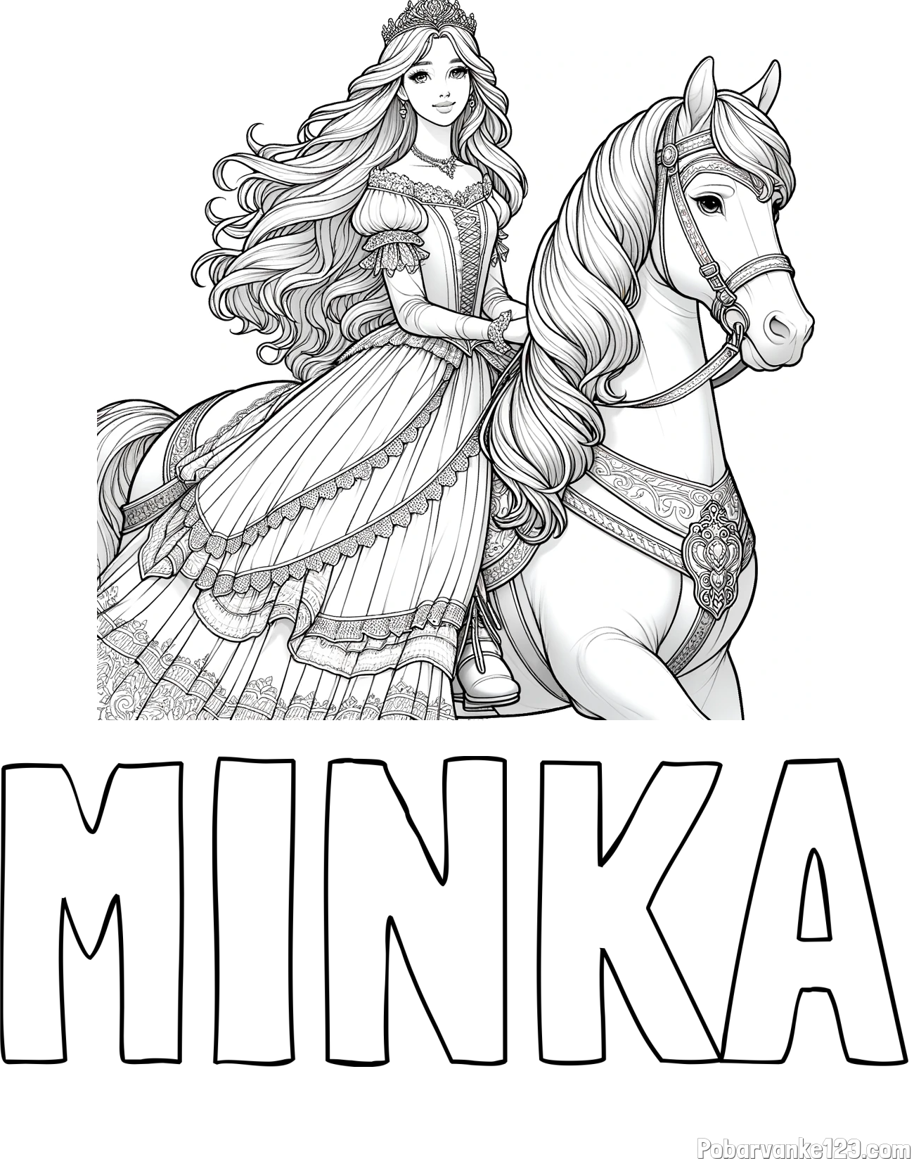 Pobarvanka imena MINKA in pobarvanka nasmejana princese na konju
