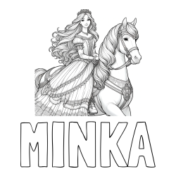 Online izdelana pobarvanka - Pobarvanka imena MINKA in pobarvanka nasmejana princese na konju