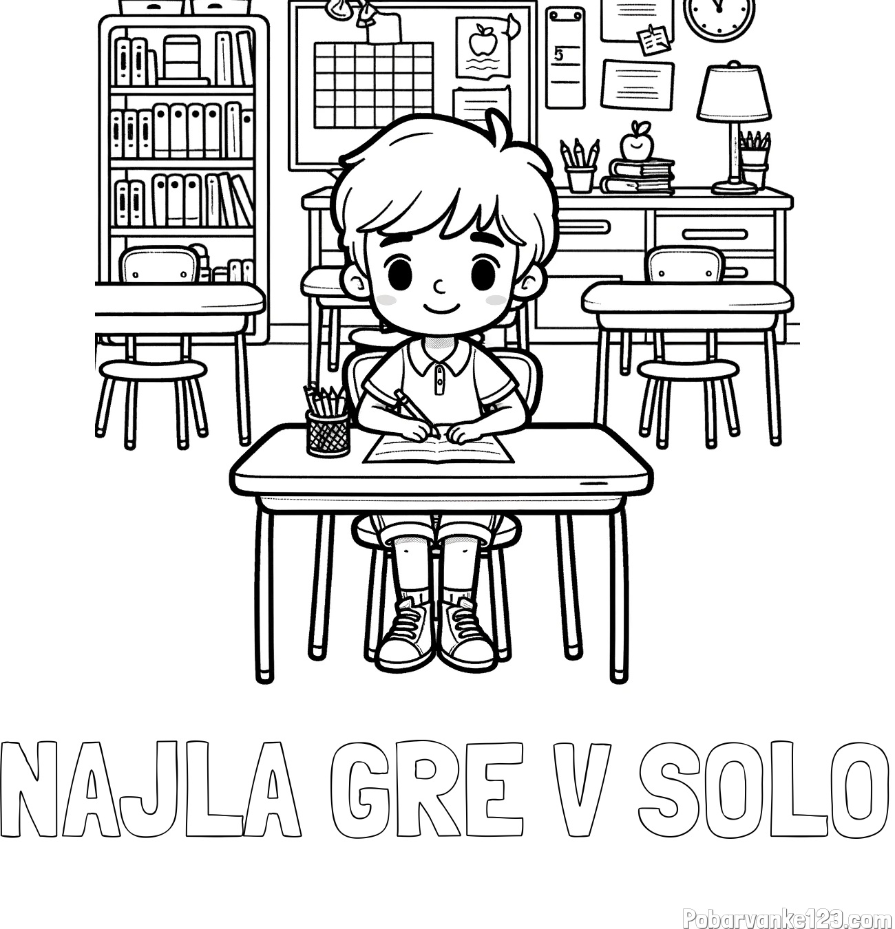 Pobarvanka imena NAJLA GRE V ŠOLO in pobarvanka učenca v učilnici