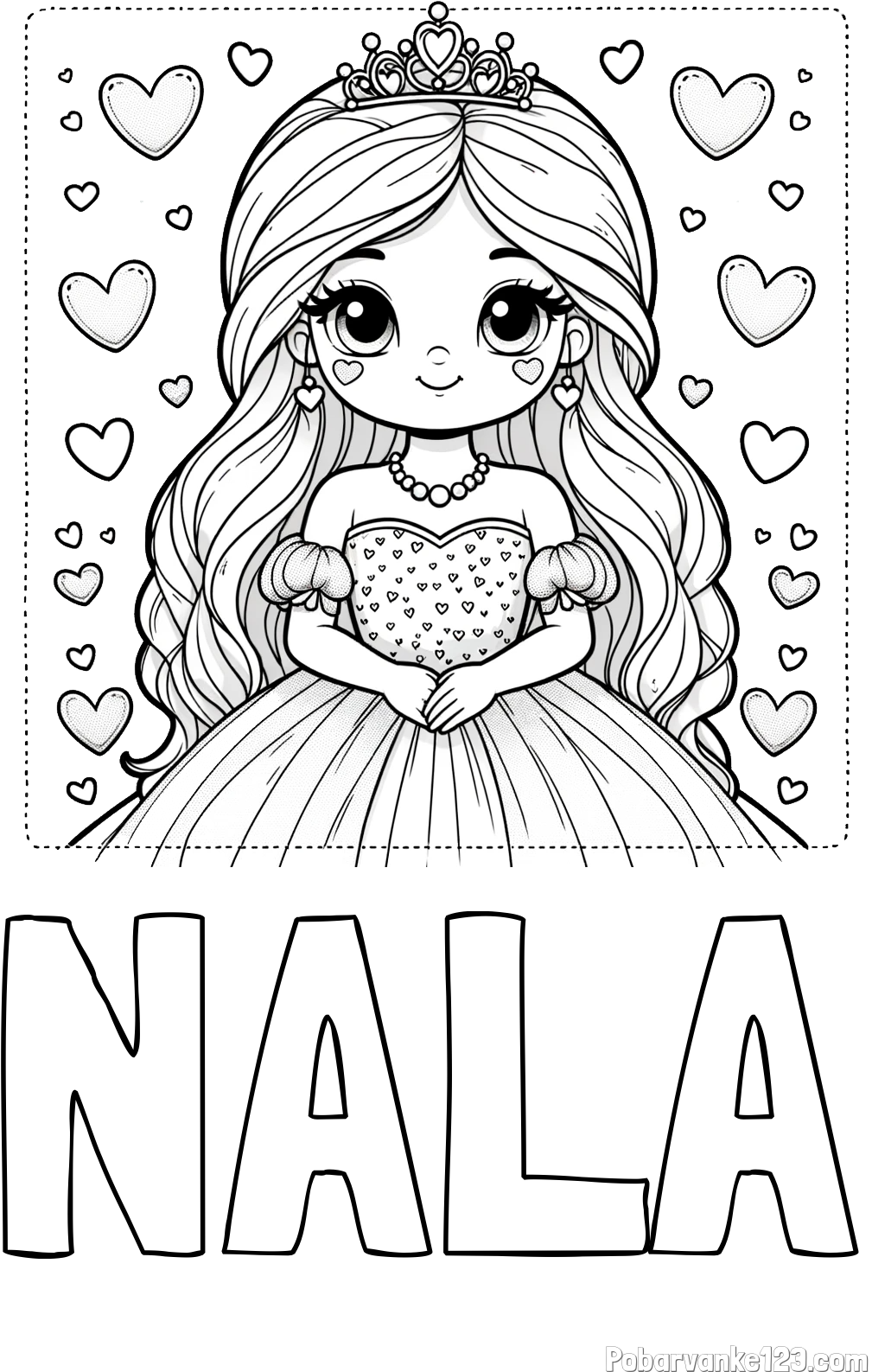 Pobarvanka imena NALA in pobarvanka ljubke princese obdane s srčki