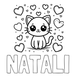 Online izdelana pobarvanka - Pobarvanka imena NATALI in pobarvanka ljubke mucke obdane z veliko srčki
