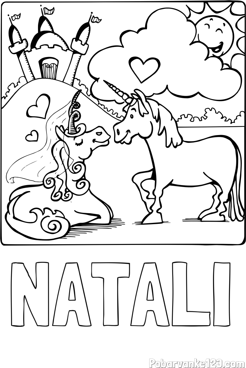 Pobarvanka imena NATALI in pobarvanka zaljubljenih samorogov