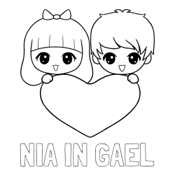 Online izdelana pobarvanka - Pobarvanka imena NIA IN GAEL in pobarvanka fantka in deklice, ki objemata srček