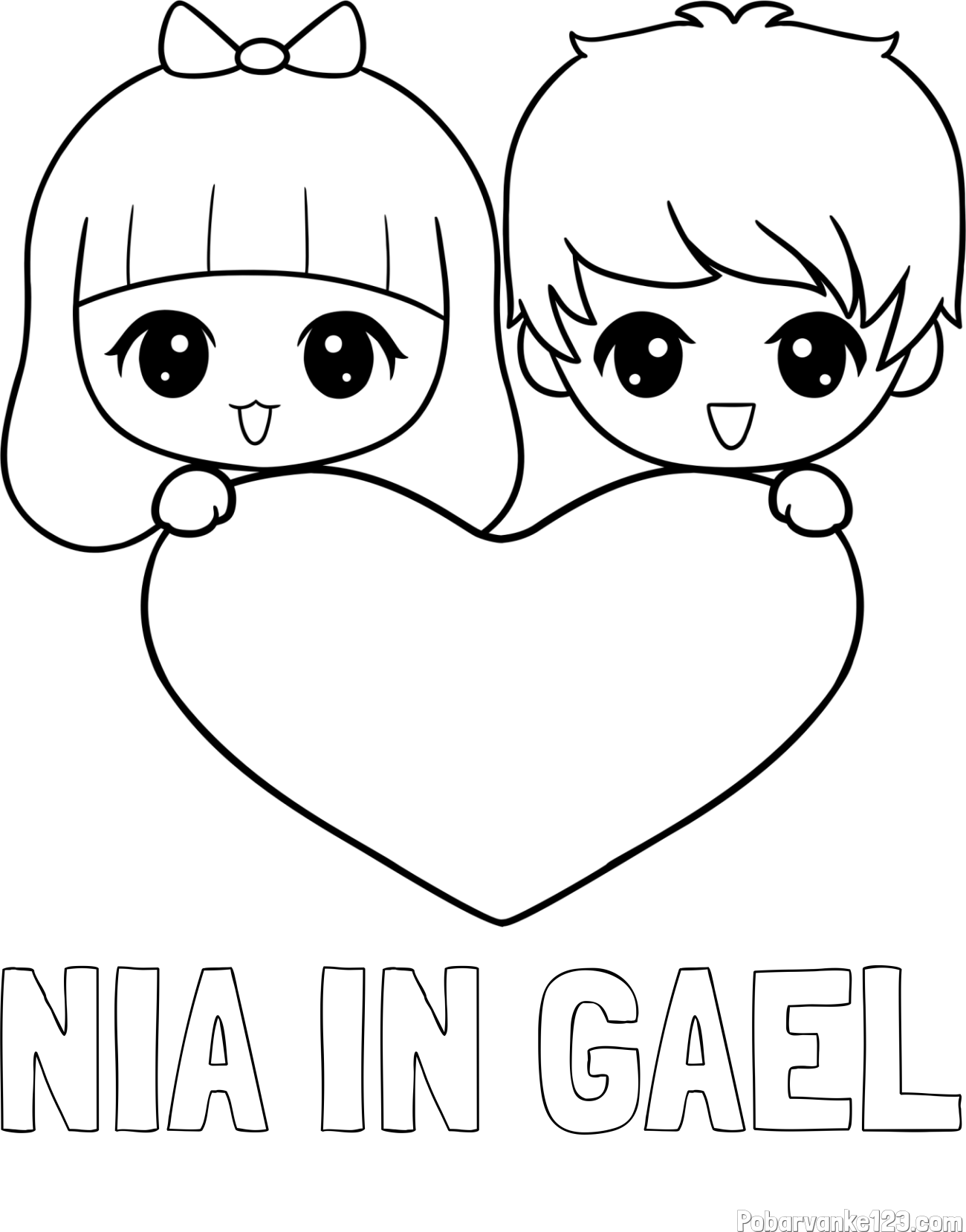 Pobarvanka imena NIA IN GAEL in pobarvanka fantka in deklice, ki objemata srček