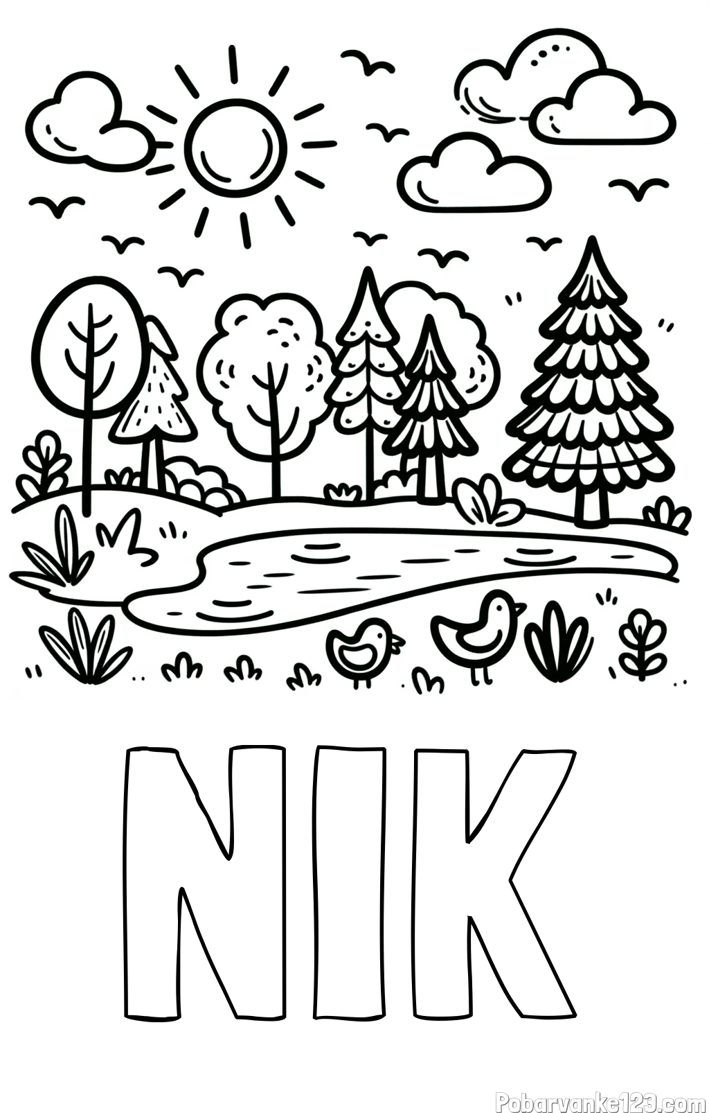 Pobarvanka imena NIK in preprosta otroška pobarvanka narave
