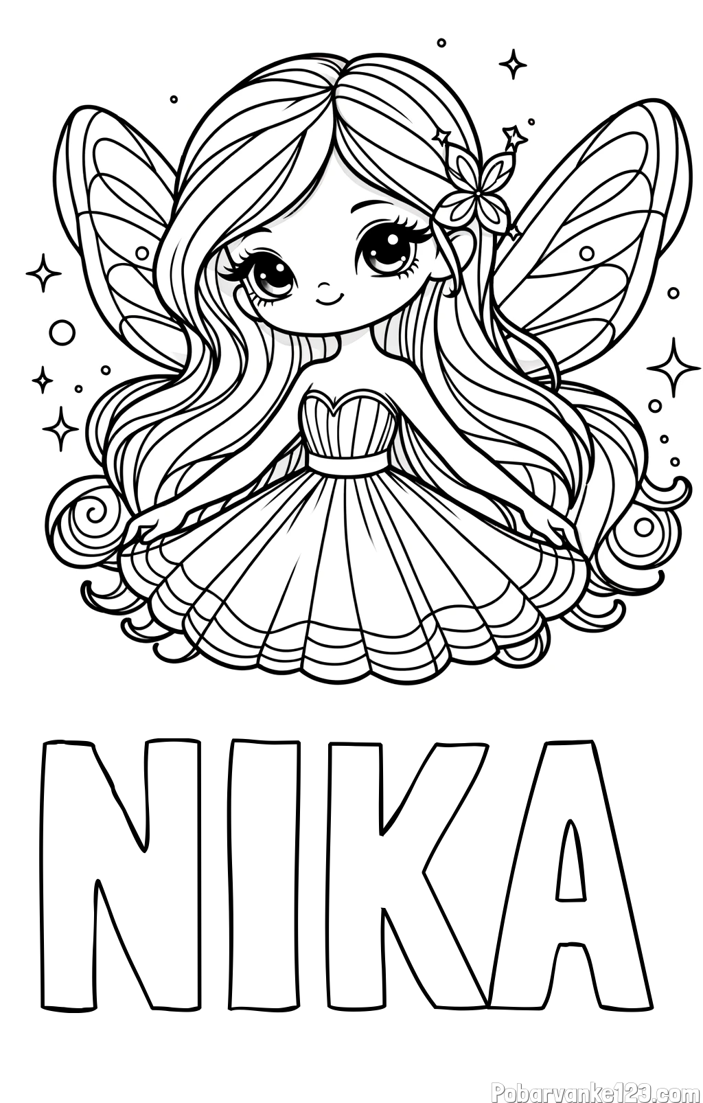 Pobarvanka imena NIKA in pobarvanka ljubke in nasmejane čarobne vile