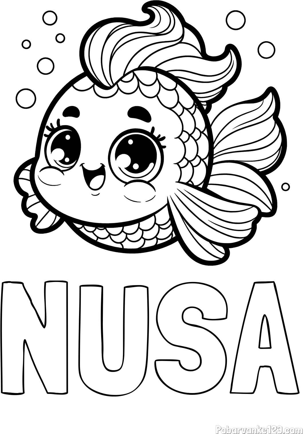 Pobarvanka imena NUŠA in pobarvanka ljubke pravljične ribe