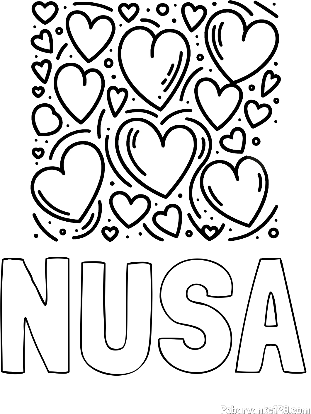 Pobarvanka imena NUŠA in pobarvanka s srčki