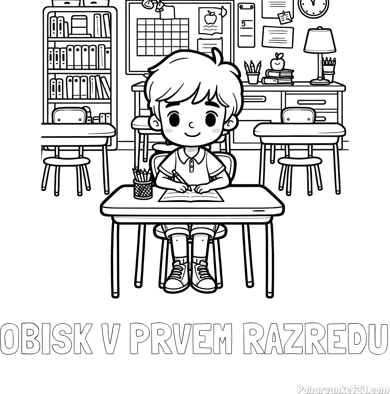 Pobarvanka imena OBISK V PRVEM RAZREDU in pobarvanka učenca v učilnici