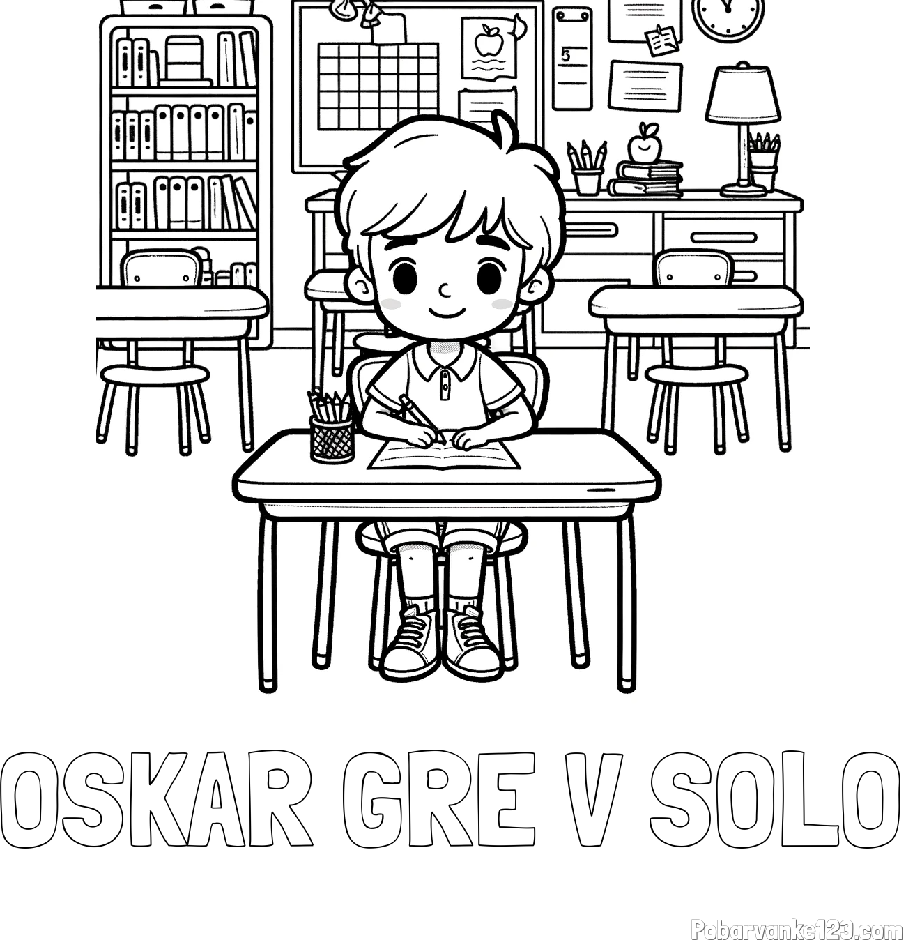 Pobarvanka imena OSKAR GRE V ŠOLO in pobarvanka učenca v učilnici