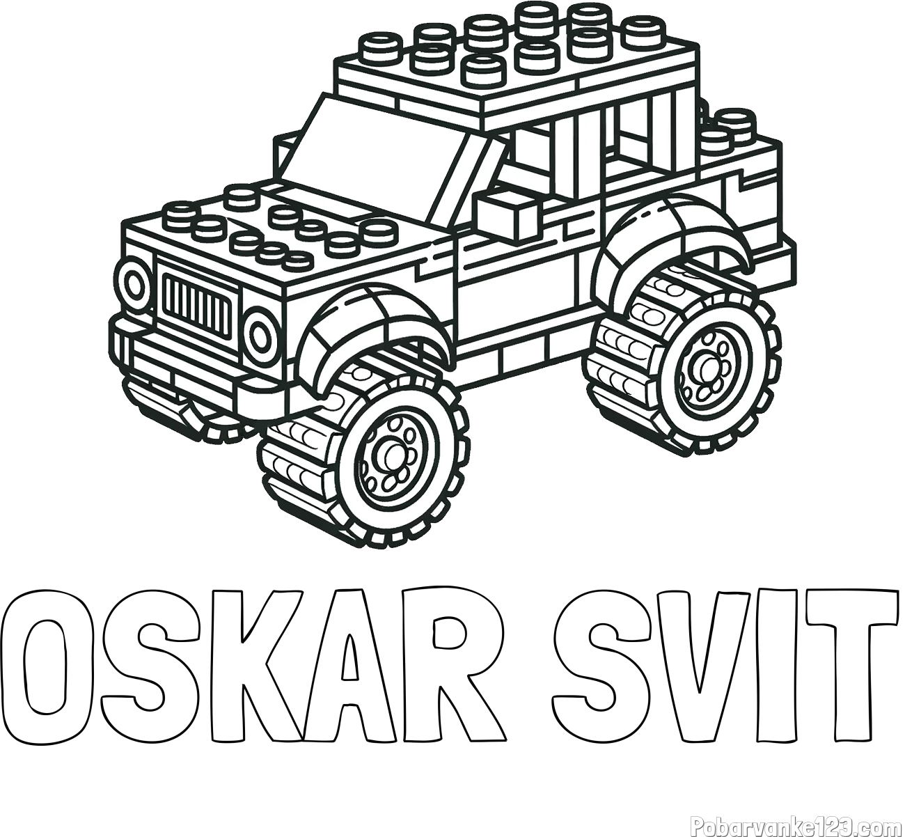 Pobarvanka imena OSKAR SVIT in pobarvanka džipa sestavljenega iz LEGO kock