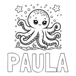 Online izdelana pobarvanka - Pobarvanka imena PAULA in pobarvanka hobotnice v morju obdane z morskimi zvezdami