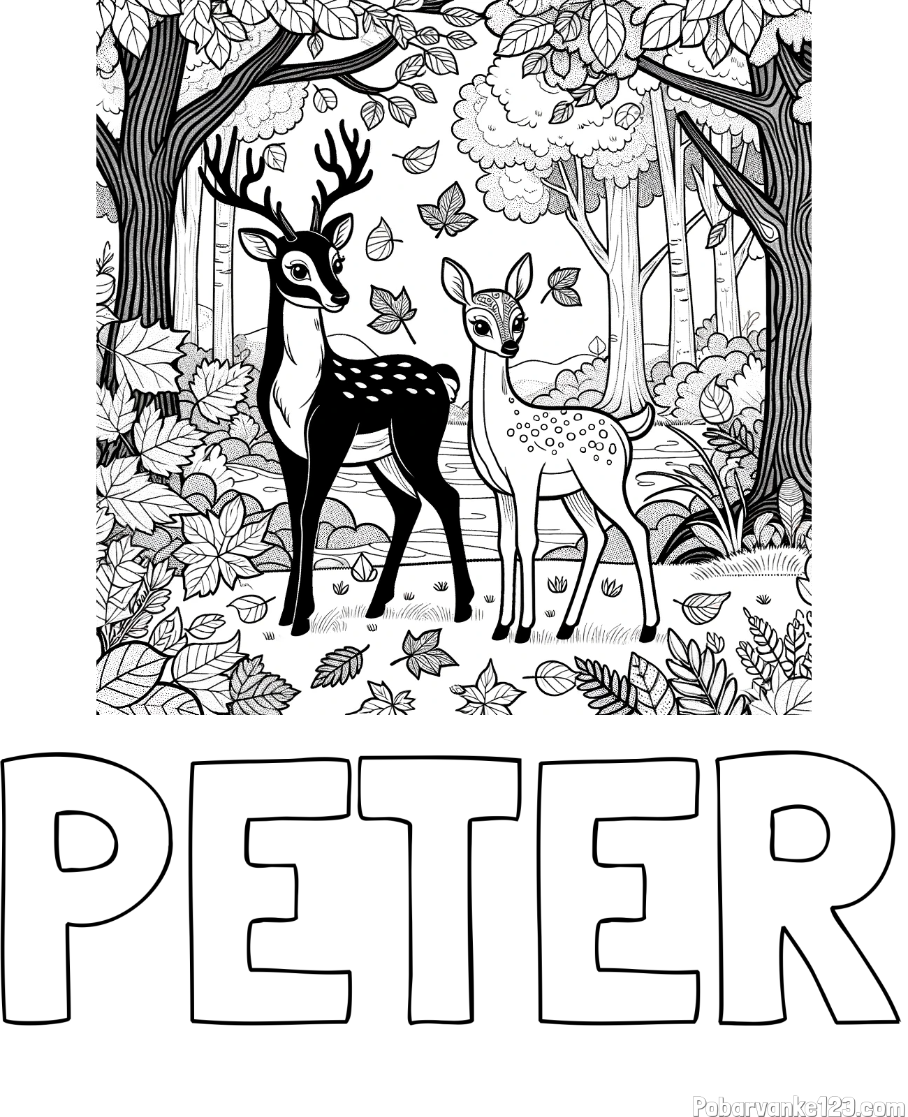 Pobarvanka imena PETER in pobarvanka srnice in jelenčka