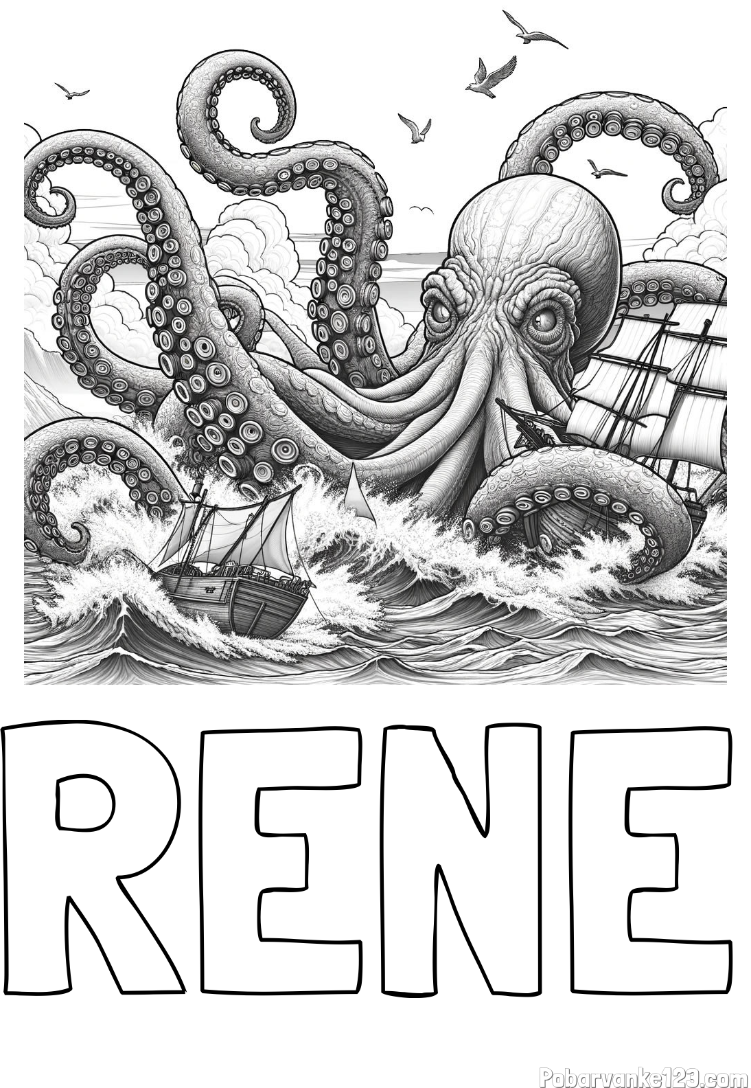 Pobarvanka imena RENE in pobarvanka orjaške hobotnice, ki je napadla veliko gusarsko ladjo