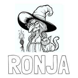 Online izdelana pobarvanka - Pobarvanka imena RONJA in pobarvanka zlobne stare čarovnice in mačke
