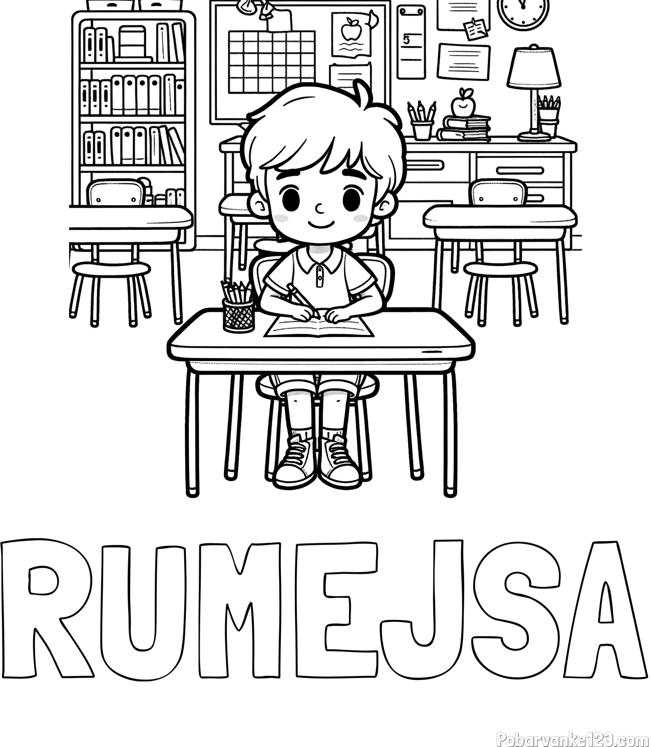 Pobarvanka imena RUMEJSA in pobarvanka učenca v učilnici