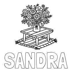 Online izdelana pobarvanka - Pobarvanka imena SANDRA in pobarvanka šopka rož na mizi