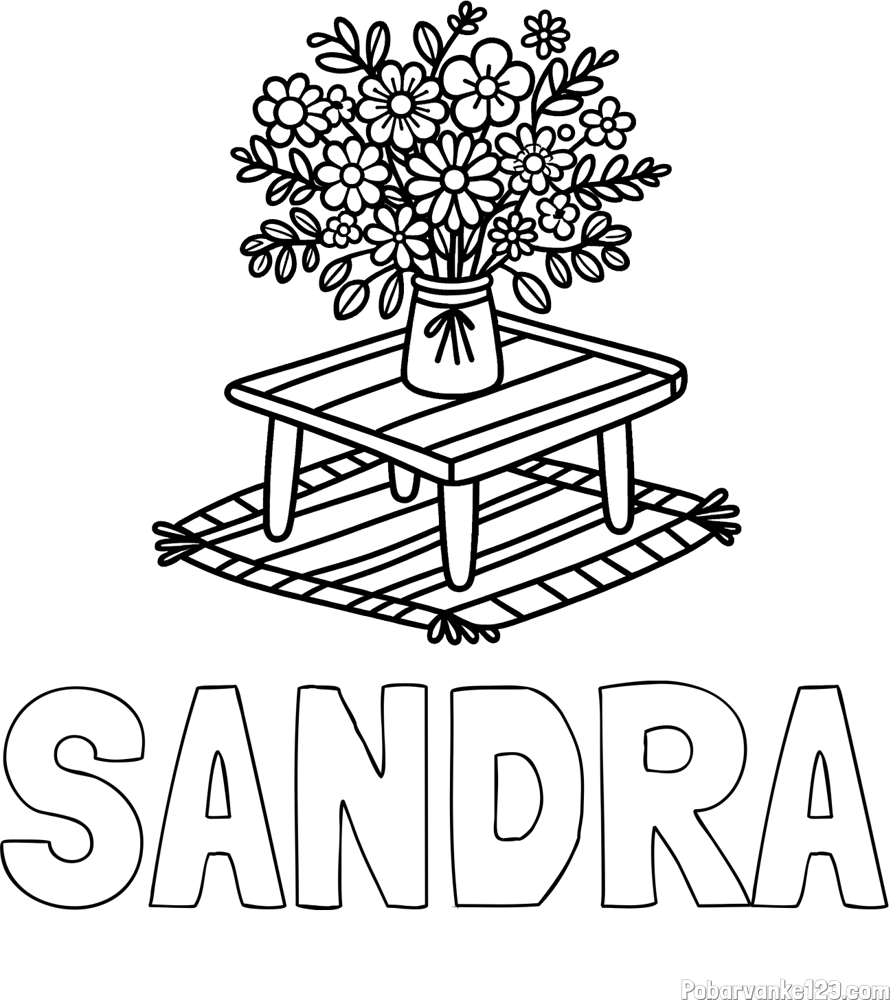 Pobarvanka imena SANDRA in pobarvanka šopka rož na mizi