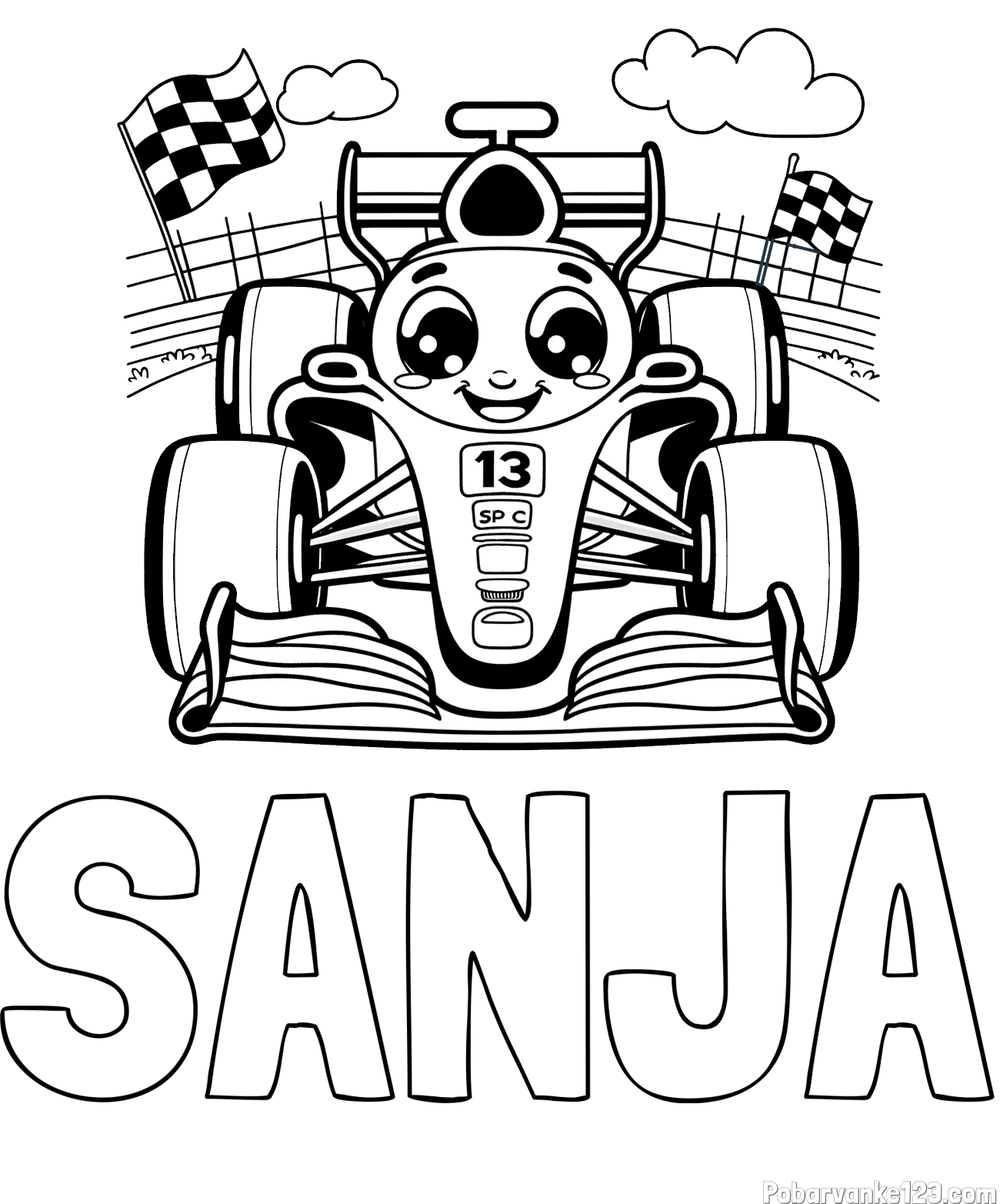 Pobarvanka imena SANJA in otroška pobarvanka FORMULA 1