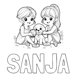 Online izdelana pobarvanka - Pobarvanka imena SANJA in pobarvanka prijateljic s kužkom