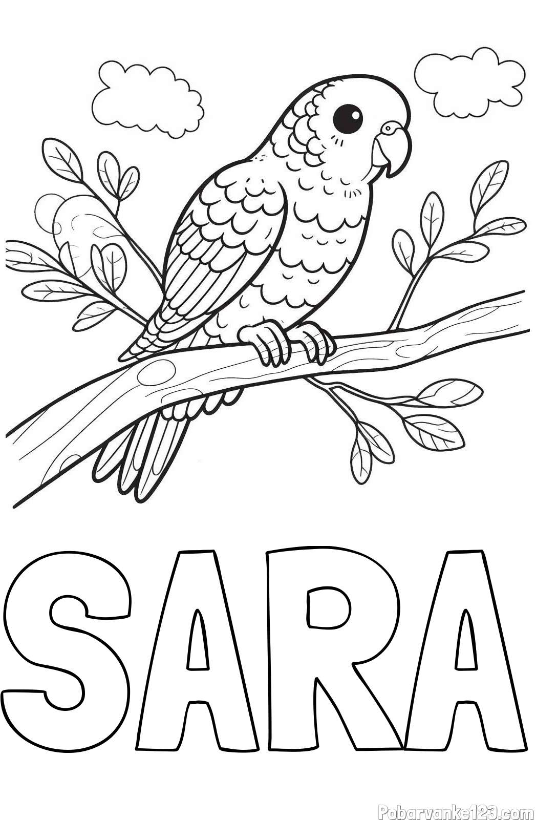 Pobarvanka imena SARA in pobarvanka ljubkega kanarčka na veji