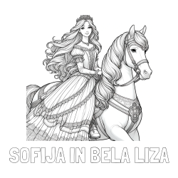 Online izdelana pobarvanka - Pobarvanka imena SOFIJA IN BELA LIZA in pobarvanka nasmejana princese na konju