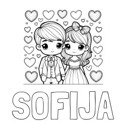 Online izdelana pobarvanka - Pobarvanka imena SOFIJA in pobarvanka dveh zaljubljencev s srčki