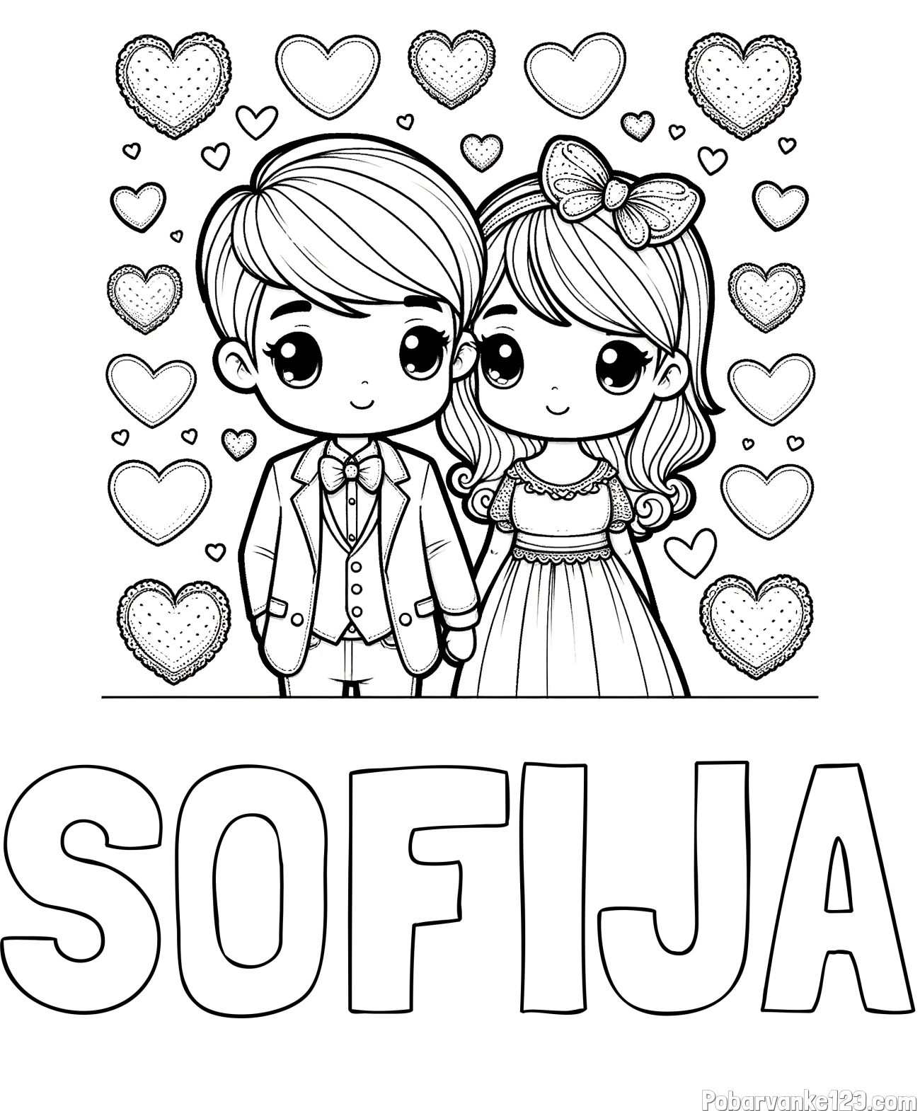 Pobarvanka imena SOFIJA in pobarvanka dveh zaljubljencev s srčki
