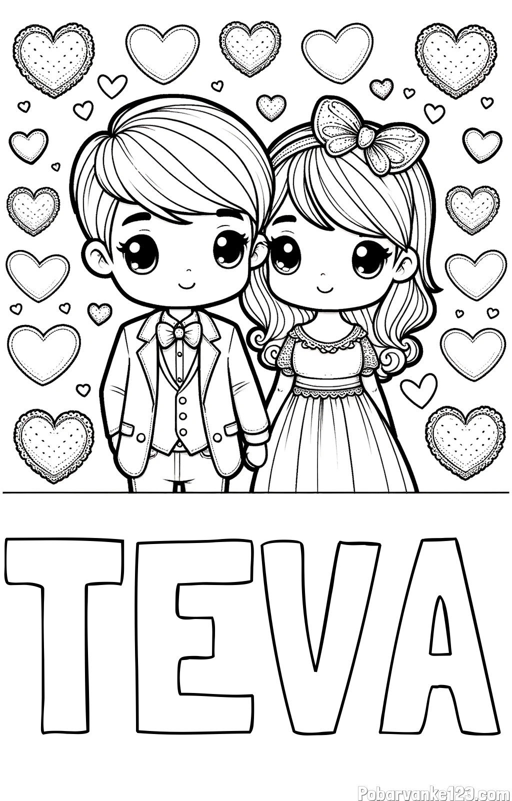 Pobarvanka imena TEVA in pobarvanka dveh zaljubljencev s srčki