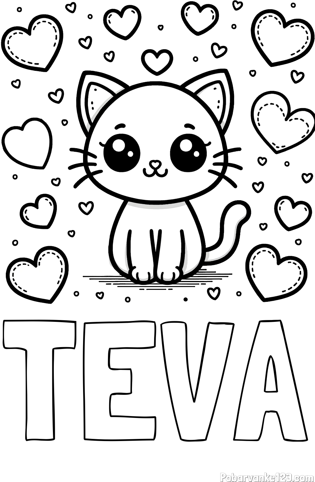 Pobarvanka imena TEVA in pobarvanka ljubke mucke obdane z veliko srčki