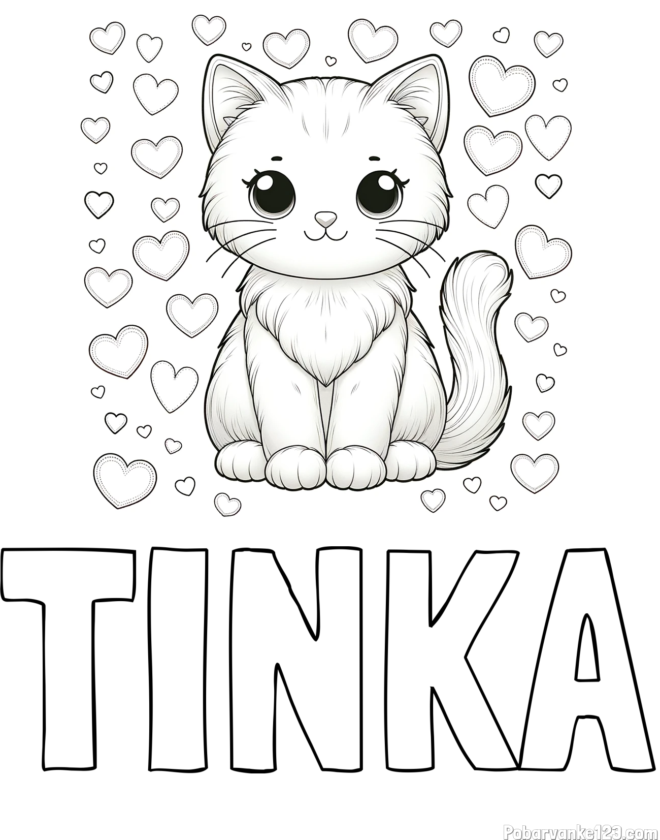 Pobarvanka imena TINKA in pobarvanka ljubke mucke obdane s srčki