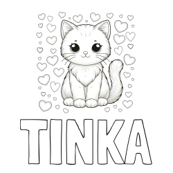 Online izdelana pobarvanka - Pobarvanka imena TINKA in pobarvanka ljubke mucke obdane s srčki