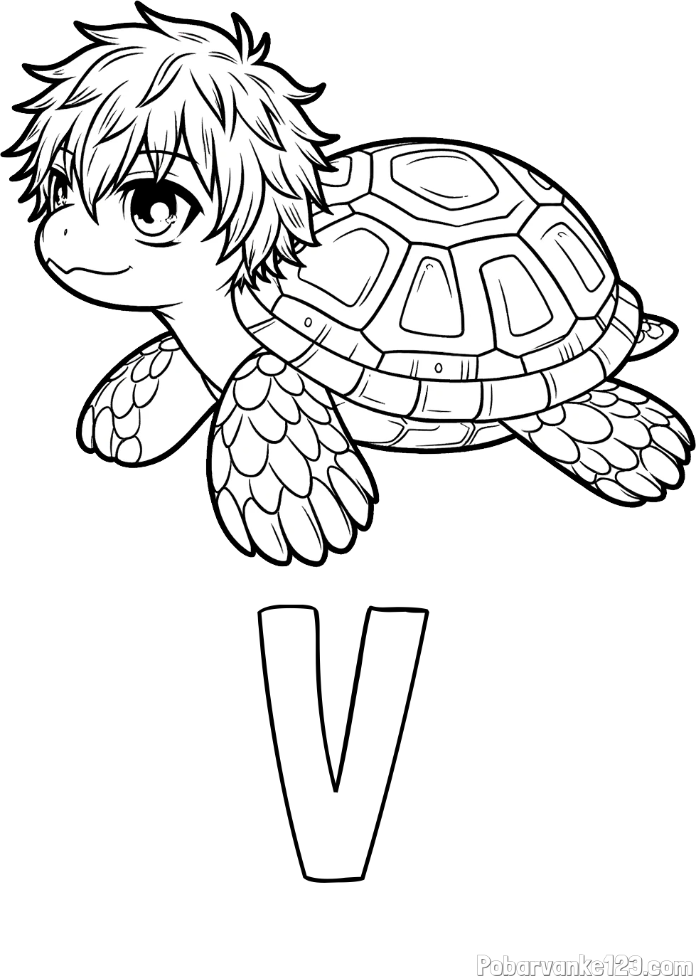 Pobarvanka imena V in pobarvanka želve v stilu anime