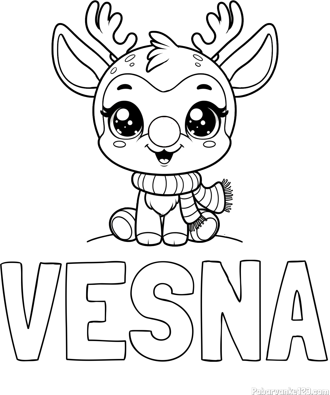 Pobarvanka imena VESNA in otroška pobarvanka jelenčka Rudolfa s šalom okoli vratu